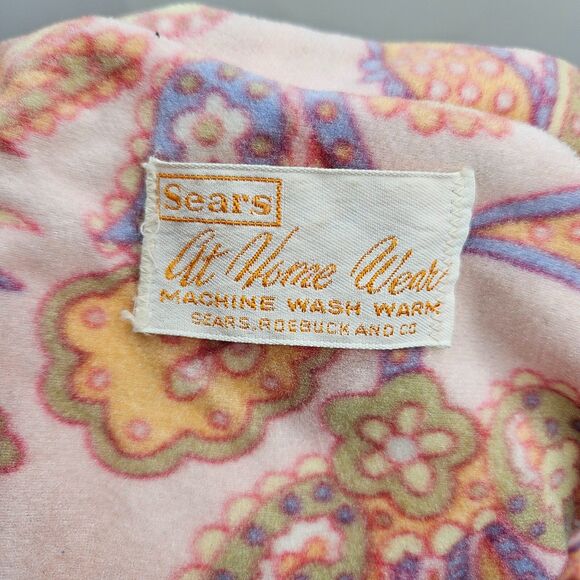 Vintage Sears At Home Wear Belted Robe M/L Paisley Print Fleece Pockets Pink 70s - Picture 7 of 7
